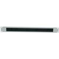 LogiLink ORCEB1G rack accessory, silver metal panel with black cable management brush strip, rectangular shape.