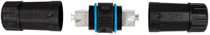 Black outdoor IDC extender for Cat.6A, Cat.7, Cat.7A, and Cat.8 cables, featuring IP68-rated connectors and a central metallic coupling with blue accents.