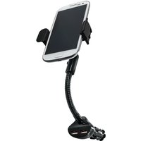 Black LogiLink smartphone holder with flexible neck and dual USB ports, holding a white phone.