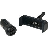 Black LogiLink PA0133 car charger with dual USB ports and smartphone holder attachment.