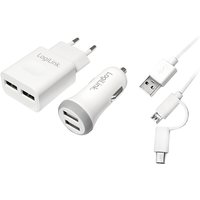 White LogiLink mobile charger set with dual USB wall and car adapters, micro USB cable included.
