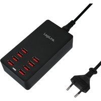 Black LogiLink PA0140 charger with eight red USB ports and European plug.