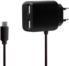 Black LogiLink PA0157 universal mobile device charger with two USB ports and a micro USB cable, designed for indoor AC use.
