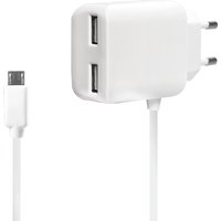 White LogiLink PA0157W charger with dual USB ports and EU plug, includes detachable micro USB cable.