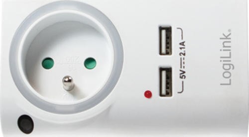 White LogiLink PA0166 mobile device charger featuring two USB ports, a power socket, and a red indicator light.