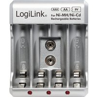 Silver LogiLink PA0168 battery charger for AAA, AA, 9V Ni-MH/Ni-Cd batteries with three red indicator lights.