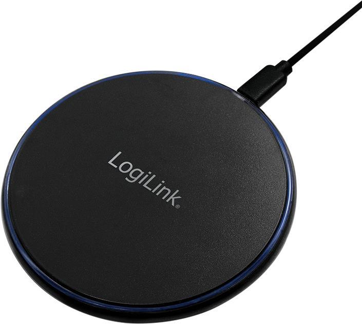 Round black wireless charger with a sleek design, featuring a blue LED ring and a USB connection, branded with the LogiLink logo.