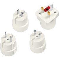 White LogiLink PA0186 power plug adapter set with various prong configurations and compact design.
