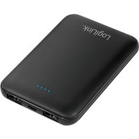 Black LogiLink power bank, 5000 mAh, compact design, with LED indicators and dual USB ports.