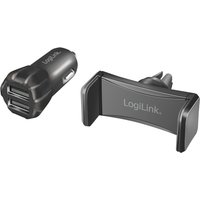 Black LogiLink PA0203 power bank with dual USB ports and smartphone holder attachment.