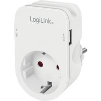White LogiLink surge protector with 1 AC outlet, USB port, and 230 V rating, compact rectangular design.
