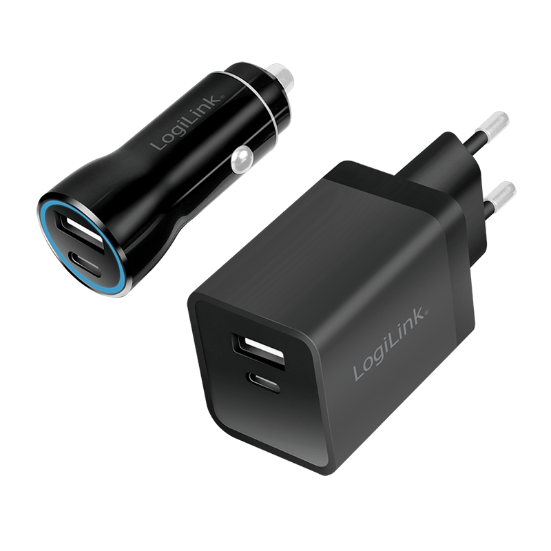 Black LogiLink PA0300 mobile device charger set, featuring a USB-C car charger and a USB-C AC adapter, both with sleek designs and prominent LogiLink branding.