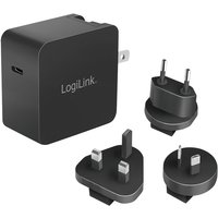 Black LogiLink PA0302 charger with USB-C port and three interchangeable plug adapters.
