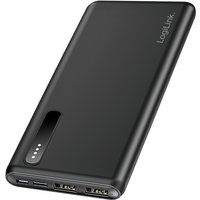 Black LogiLink PA0311 power bank, 8000 mAh, slim design, two USB ports, LED indicator, LogiLink logo on top corner.