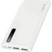 White LogiLink PA0311W power bank, 8000 mAh, with two USB ports, LED indicator, and sleek rectangular design.