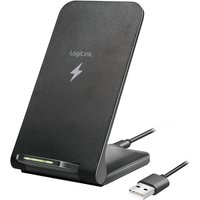 Black LogiLink PA0315 mobile charger with stand, lightning bolt icon, USB cable, and LED indicator.