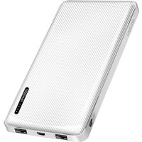 White LogiLink power bank 10000 mAh with textured surface, dual USB ports, and LED indicator lights.