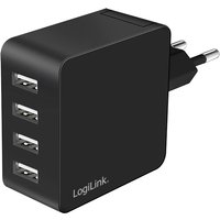 Black LogiLink PA0336 charger with four USB ports and European plug adapter.