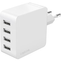 White LogiLink charger with four USB ports and European plug adapter.