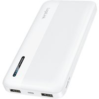 White LogiLink PA0338WRF power bank 10000 mAh with dual USB ports and LED indicator strip.
