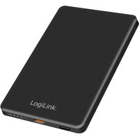 Black LogiLink power bank 5000 mAh, slim design, wireless charging, with LED indicators and USB port.