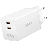 White LogiLink PA0367 charger with dual USB-C ports and 65W label, compact design, European plug.