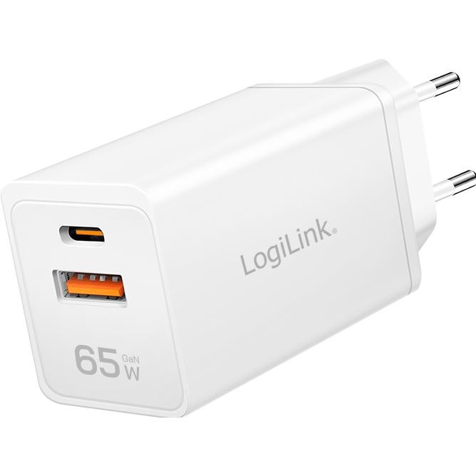 White LogiLink PA0371 mobile device charger featuring a compact design, two ports (USB-C and USB-A), and a power output of 65W for fast charging.