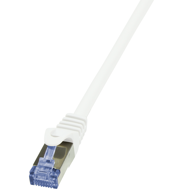 White LogiLink Cat.6A S/FTP patch cable, 40m long, featuring a clear plastic connector with a blue clip, designed for high-speed networking.