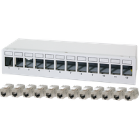 LogiLink 12-port patch panel with white frame and 12 Cat.6A Keystone modules, numbered slots.