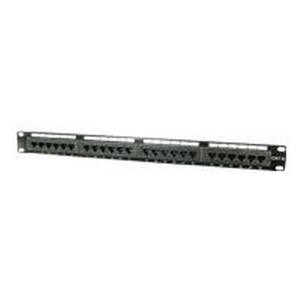 Black 19" LogiLink CAT6 patch panel with 24 ports, featuring a sturdy metal construction and labeled ports for organized network connections.