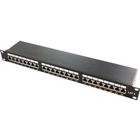 Black LogiLink 19" patch panel with 24 Ethernet ports and labeled connections.