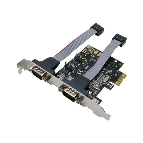 LogiLink PC0031 PCIe serial interface card featuring a black circuit board with two 9-pin serial ports and ribbon cables for connectivity.