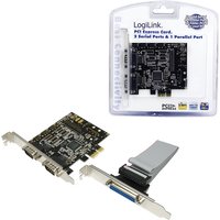 LogiLink PC0033 internal adapter card with parallel and serial ports, black circuit board, silver brackets, packaged.
