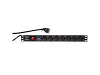 Black LogiLink PDU7C01 surge protector with 7 AC outlets, 230 V, featuring a power switch, USB ports, and a 2-meter power cord, designed for rack mounting.