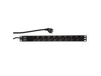 Black LogiLink PDU9C03 surge protector with 9 AC outlets, designed for 230 V, featuring a 2-meter power cord and a sleek, metal housing suitable for rack mounting.