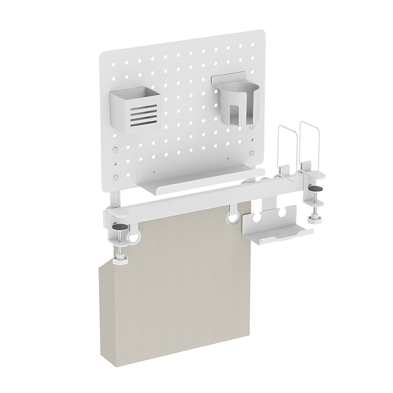 White LogiLink Pegboard Office Rail Storage System featuring a perforated back panel, a shelf, storage cups, and various hooks for organizing office supplies.