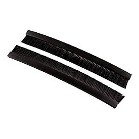 Black plastic brush panel set designed for rack mounting, featuring two long strips with bristles for cable management and dust protection.