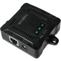 Black LogiLink PoE adapter with Ethernet port, LED indicators, and vented design.