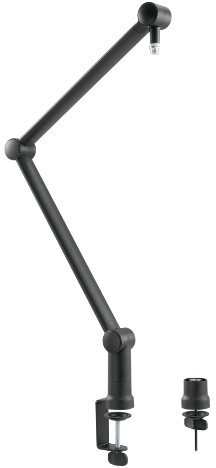 Black LogiLink professional microphone boom arm stand featuring a sturdy metal construction, adjustable arm, and a clamp for secure mounting.
