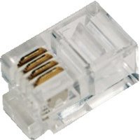Transparent LogiLink RJ10 connector with gold-plated contacts and clear plastic housing.