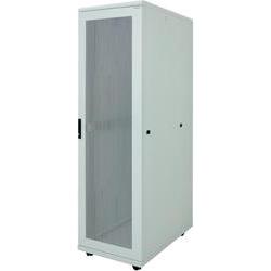 Freestanding black rack cabinet with a glass front door, metal construction, and ventilation holes, designed for secure equipment storage.