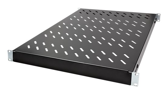 Black metal rack shelf with perforated design for ventilation, featuring sturdy corners and mounting brackets for easy installation in a server or equipment rack.