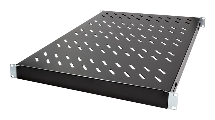Black metal rack shelf with a perforated surface for ventilation, featuring sturdy silver mounting brackets on each side for secure installation in a rack system.