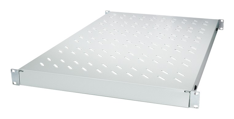 Gray metal rack shelf with perforated surface, designed for mounting in a server rack, featuring sturdy edges and pre-drilled holes for easy installation.