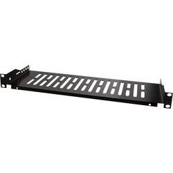 Black metal rack accessory with a perforated design for ventilation, featuring mounting brackets on both ends for easy installation in standard racks.