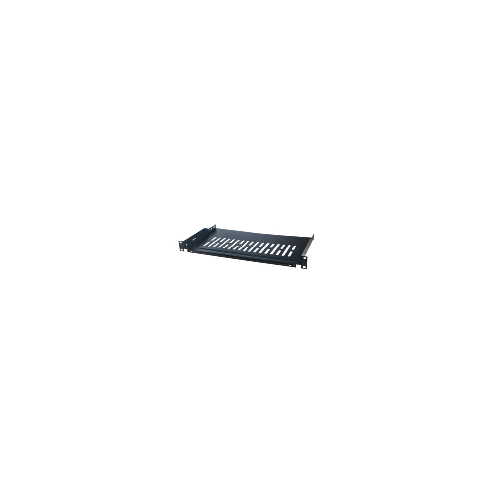 Black metal rack shelf with a perforated design, suitable for mounting in a server rack, featuring sturdy construction and a sleek finish.