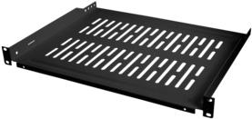 Black metal rack shelf with perforated design for ventilation, designed for mounting in a server rack, featuring sturdy edges and a flat surface for equipment placement.