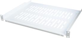 White metal rack shelf with ventilation slots, designed for mounting in a server rack, featuring sturdy brackets on both sides for secure installation.