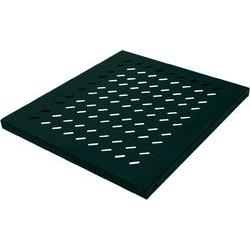 Black metal rack accessory with a perforated surface for ventilation, designed for mounting in server racks or cabinets.
