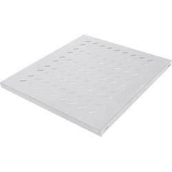 White metal rack accessory with a perforated surface, designed for ventilation and support, suitable for mounting in server or network racks.